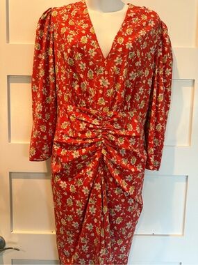 Veronica Beard Red Floral Ruched Midi Dress